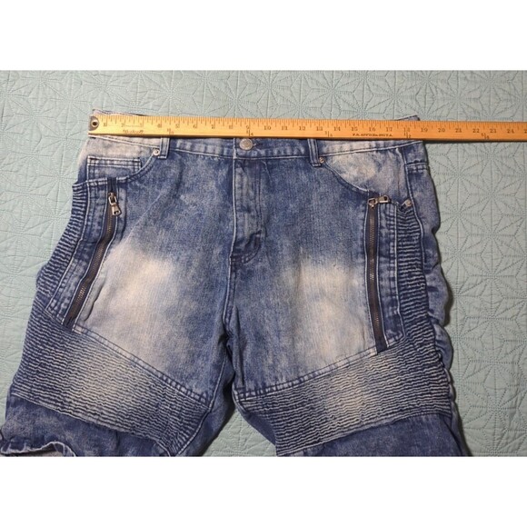 Lion Dynasty Mens 38 Slim Acid Wash Blue Jean Shorts 5 Pockets Moto Biker Ribbed - Picture 9 of 10